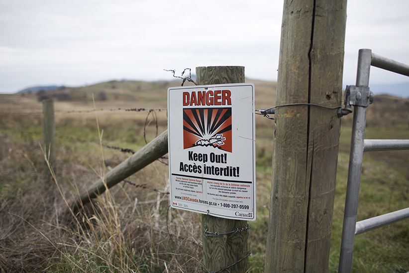 A warning sign on the Goose Lake Range in Vernon B.C. , October 27, 2015. Many unexploded explosive ordnance are still on the range which is owned by the Okanagan Indian Band Reserve. (Photograph by Jason Franson)