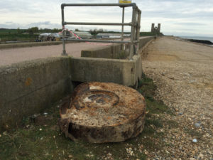 Part of a World War Two bouncing bomb found on Herne Bay, Kent. See National copy NNBOMB: A piece of what appears to be a World War Two bouncing bomb from the infamous 'Dambuster' raid has washed up on a picturesque beach. The May 1943 raid is one of the most memorable British war victories - and now a piece of one of the iconic explosives may have been discovered. Beach cafe owner Lisa Clayton has owned her business on Reculver Beach near Herne Bay, Kent, for 11 years, and spotted the bomb on Wednesday morning around 10am.